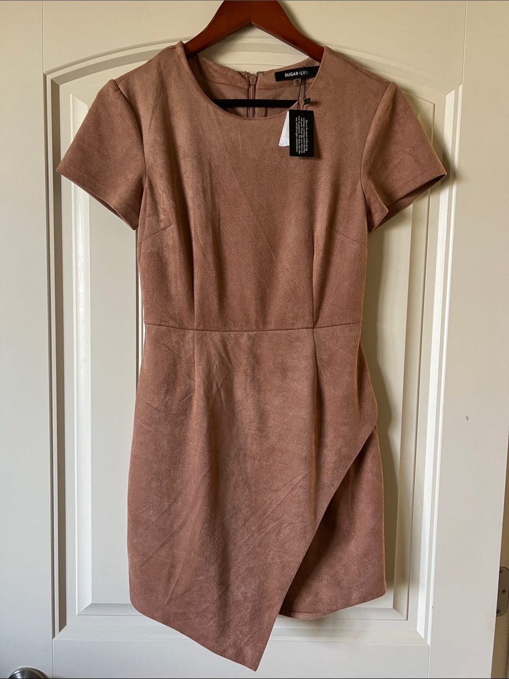 Sugarlips camel colored Sueded Faux-Wrap Dress